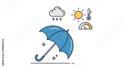 Blue umbrella with weather icons for rain sun and temperature.