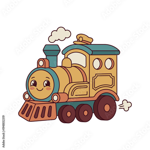Cute retro cartoon train with a smiling face and conductor's hat, puffing smoke, in a charming illustration style.