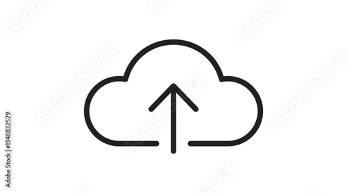 Minimalist black-and-white cloud upload icon with upward arrow, symbolizing data transfer and cloud storage.
