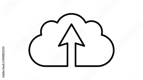 Minimalist black-and-white cloud upload icon with upward arrow, symbolizing data transfer and cloud storage.
