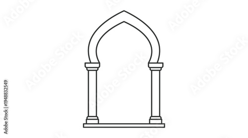 Minimalist black-and-white Islamic archway icon with horseshoe shape and ornate frame, symbolizing culture, heritage, and architecture.