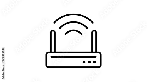 Minimalist black-and-white wireless router icon with antennas and Wi-Fi signal, symbolizing internet connectivity and networking.