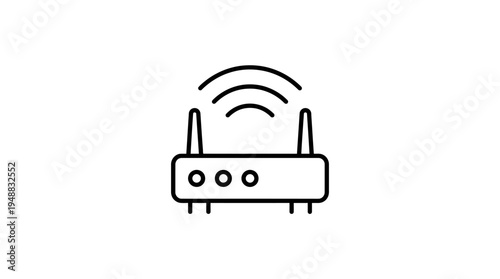 Minimalist black-and-white wireless router icon with antennas and Wi-Fi signal, symbolizing internet connectivity and networking.