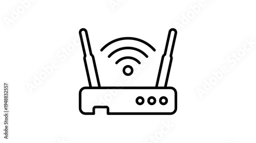 Minimalist black-and-white wireless router icon with antennas and Wi-Fi signal, symbolizing internet connectivity and networking.
