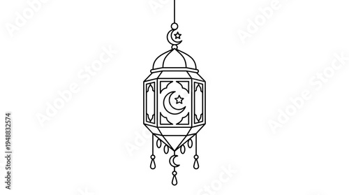 Minimalist black-and-white hanging lantern icon with hexagonal panels and chain, symbolizing traditional lighting and vintage design.