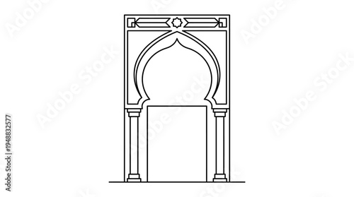 Minimalist black-and-white Islamic archway icon with horseshoe shape and ornate frame, symbolizing culture, heritage, and architecture.
