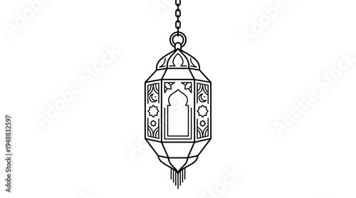 Minimalist black-and-white hanging lantern icon with hexagonal panels and chain, symbolizing traditional lighting and vintage design.