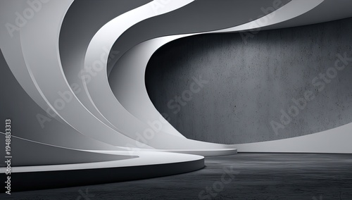 Modern abstract architectural design with flowing white curves and concrete wall