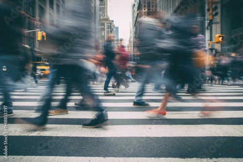 Blurred urban street scene with pedestrians crossing a crosswalk