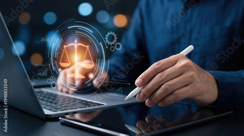 Legal scale digital ethics ai concept on laptop screen with business hand