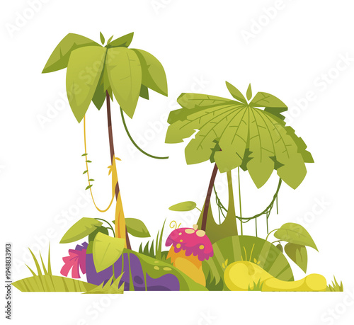 cartoon jungle scene with palm trees and colorful flowers and leaves on ground transparent background