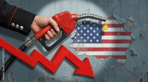 Gas pump price high concept with arrow and flag showing economic concern