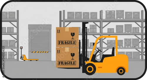 Forklift truck loading boxes in warehouse storage facility.