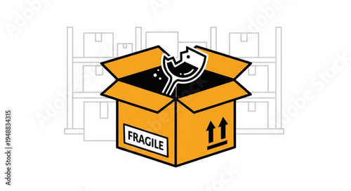 Broken wine glass inside a fragile shipping box illustration.