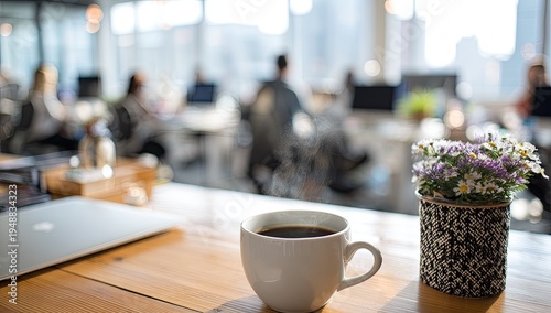 A steaming cup of coffee sits on a wooden desk next to a laptop and flowers