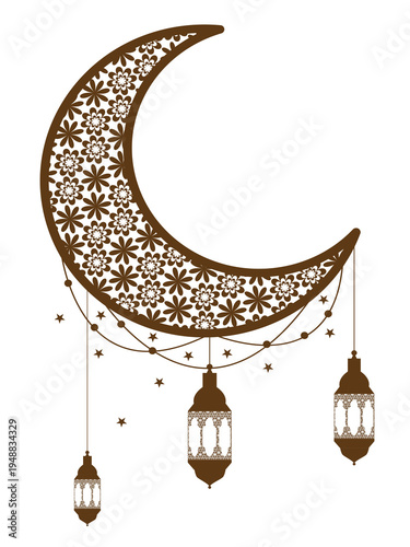 Islamic crescent moon with lanterns and stars on transparent background transparent background