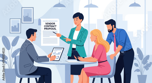 Professional Business Team Reviewing Vendor Contract Proposal in Modern Office Meeting, Corporate Negotiation and Partnership Concept Flat Vector Illustration