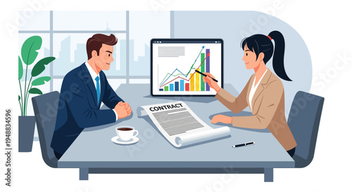 Business Meeting with Financial Data Analysis and Contract Signing Illustration. Professional Colleagues Discussing Company Growth and Investment Strategies in Office Setting.
