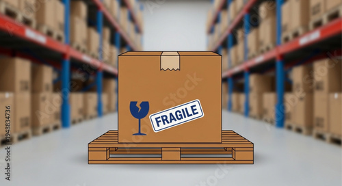 Cardboard box with fragile sticker on wooden pallet in warehouse.