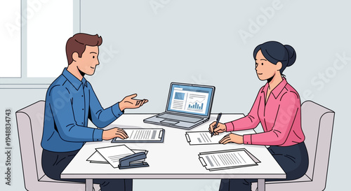 Business Professionals Meeting and Job Interview Concept with Man and Woman Discussing Data in Office Flat Vector Illustration