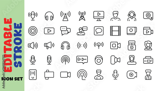 Set of black and white communication and media on white background