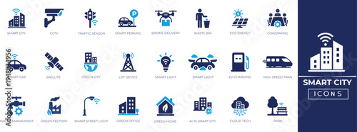 Smart city icons. IoT technology infrastructure urban planning symbols. Sustainable energy automation digital network vector graphics. Solid iconn collection.