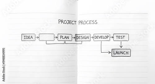 Project process flowchart hand-drawn on lined paper showing idea plan design develop test launch