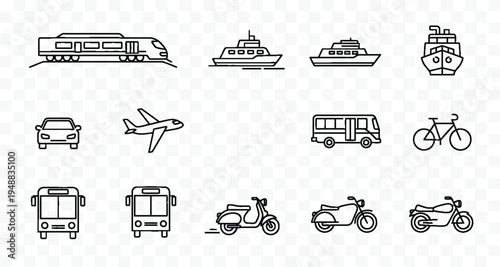 Collection of clean line art icons representing various modes of transport