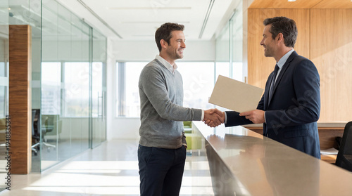 Business handshake seals office agreement. Smiling businessmen greet at reception desk, sharing handshake during hiring or partnership meeting, with folder, trust, success, formal welcome