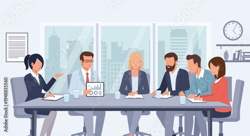 Corporate Business Team Meeting for Financial Analysis and Strategy Planning in Modern Office Vector Illustration