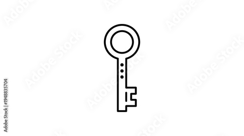 Minimalist black-and-white line drawing of a key with circular head and notched blade, three dots beside it, symbolizing security, access, password, encryption, and digital authentication.
