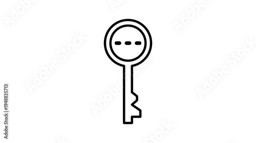 Minimalist black-and-white line drawing of a key with circular head and notched blade, three dots beside it, symbolizing security, access, password, encryption, and digital authentication.