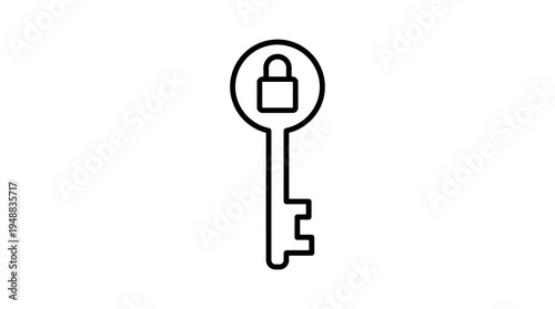 Minimalist black-and-white line drawing of a key with circular head and notched blade, three dots beside it, symbolizing security, access, password, encryption, and digital authentication.