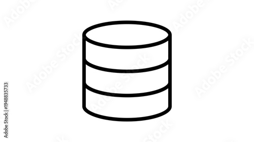 Minimalist black-and-white database icon, cylindrical shape with three stacked layers, symbolizing data storage, computing, IT infrastructure, software development, and information systems.