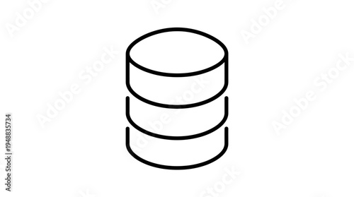 Minimalist black-and-white database icon, cylindrical shape with three stacked layers, symbolizing data storage, computing, IT infrastructure, software development, and information systems.