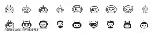 Cute Robot Face Icon Set, Chatbot Avatar Collection, AI Robot Head Vector Icons