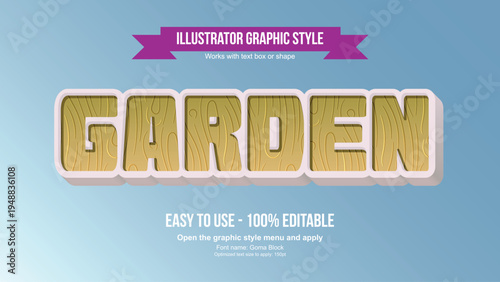 A colorful graphic design illustration of the word 'Garden' in a wood grain style with a purple banner