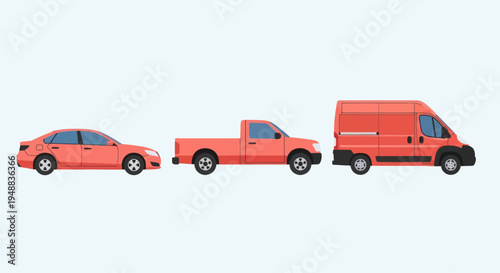 Red cars and trucks in lineup.