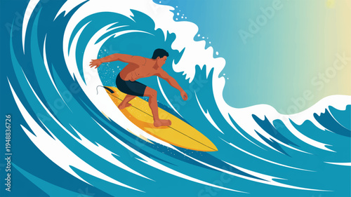 Man surfing on a large blue wave with white foam on a sunny day riding a yellow surfboard