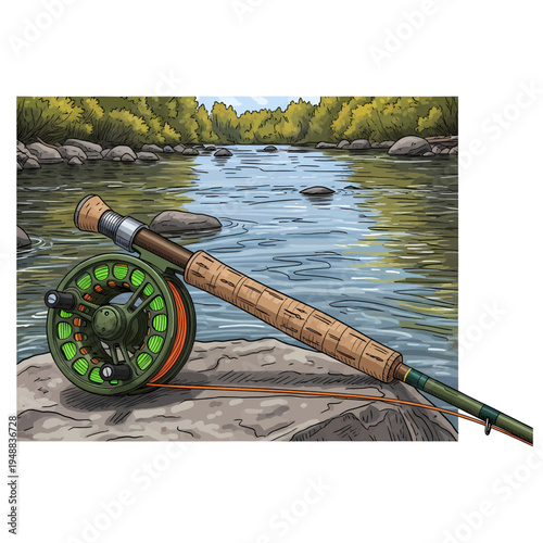 Fly fishing rod and reel on a rocky river bank with forest background in hand drawn vintage style