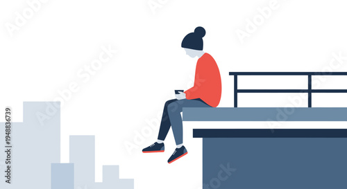 Person sitting on ledge looking down.