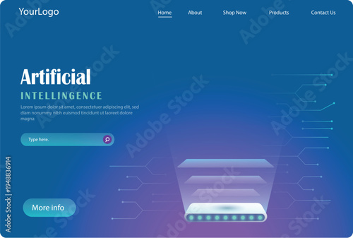 Modern artificial intelligence website landing page design with futuristic digital elements, navigation menu and technology interface. Concept of AI technology, machine learning, data processing.