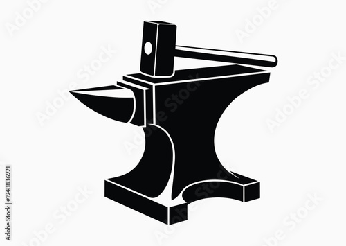 Anvil and hammer, black and white vector silhouette