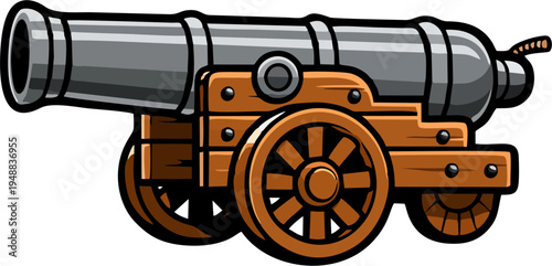 Cartoon Pirate Cannon on Wooden Wheels with Gray Barrel – Vintage Artillery Vector Illustration