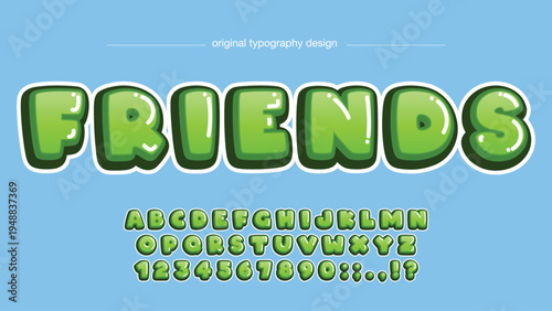 A colorful typography design featuring the word FRIENDS in large green bubble letters on a blue background