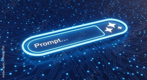 Futuristic digital interface with glowing prompt bar on circuit board background