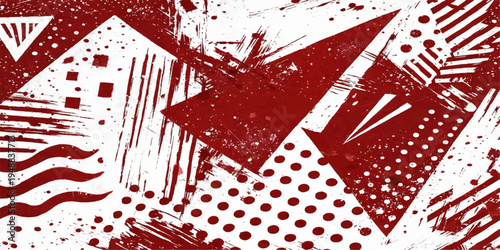 Geometric shapes and textures collide in a vibrant collage of red and white, creating a dynamic visual narrative. The abstract composition features triangles, dots, and brushstrokes.