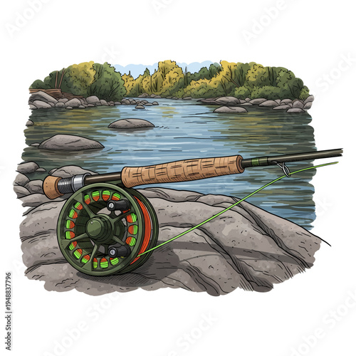 Fly fishing rod and reel on a rocky river bank with forest background in hand drawn vintage style