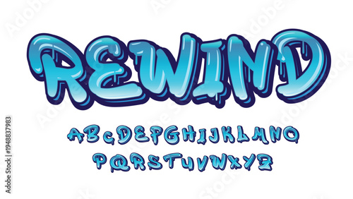 A creative blue font with the word REWIND and alphabet letters on a white background