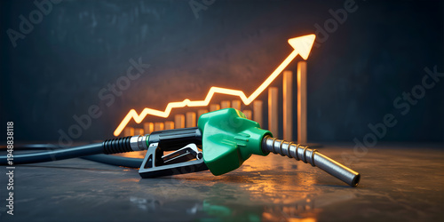 Fuel pump nozzle with rising arrow illustration symbolizing increasing energy costs, fuel prices and economic inflation trends
